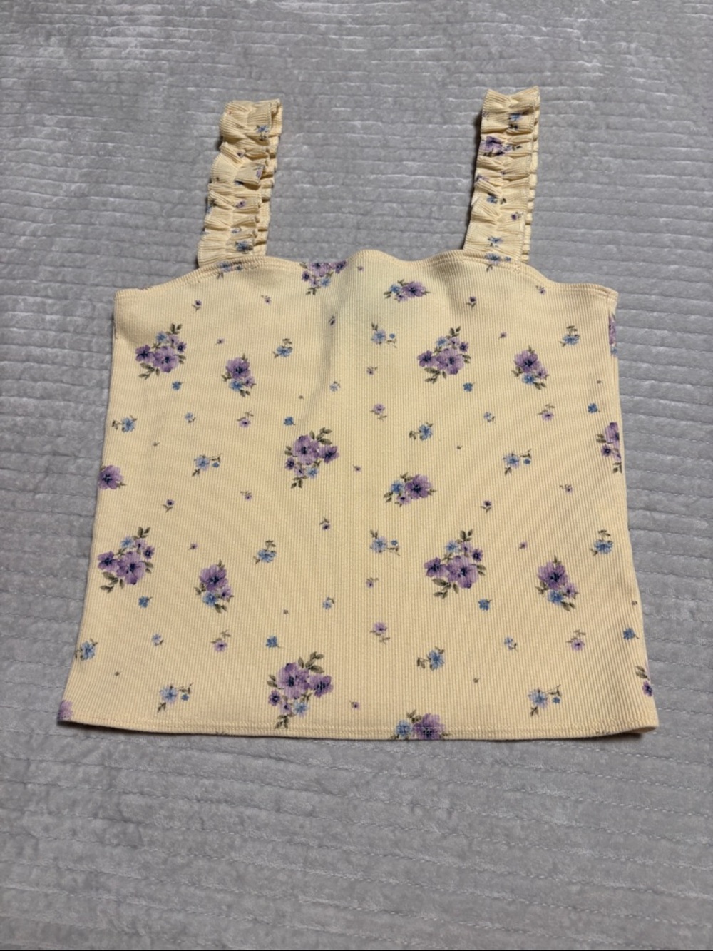 Forever 21 Cream Ribbed Floral Tank with Purple and Blue Blooms